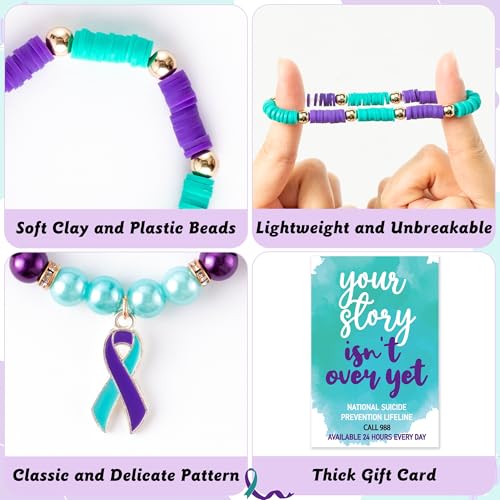 Y1tvei Suicide Awareness Bracelets Set- 7Pcs Suicide Prevention Awareness Colorful Clay Bead Surfer Bracelet with Ribbon Motivational Jewelry Accessories Gift for Suicide Mental Health Care Supplies4