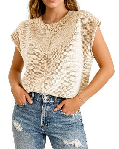 Image of COSSEN Womens Summer Cap Sleeve Tops Trendy Casual Crew Neck Knit Lightweight Sweater Pullover Top