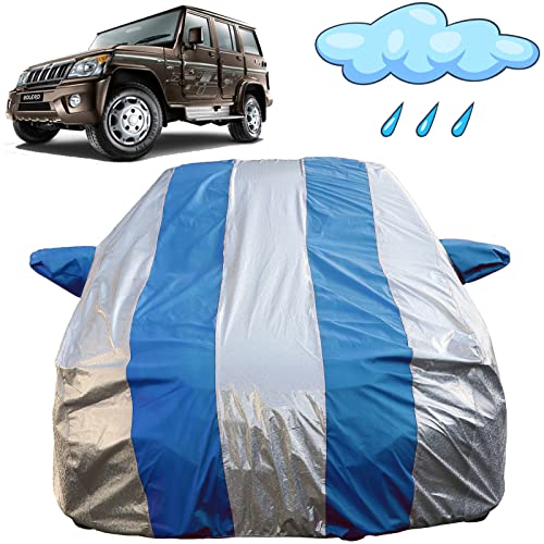 Image of Autofact Waterproof Car Body Cover Compatible with Mahindra Bolero (2011 to 2022) with Mirror Pockets (Blue Stripes with Shinning Silver Fabric /Waterproof Cover)