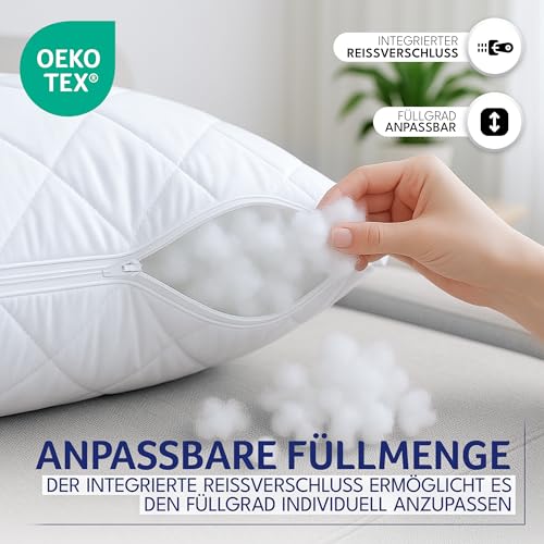Polyester Kopfkissen (40x40 cm groß) - 2er Set Kissen für Bett und als Dekokissen - Mit Reißverschluss für Füllung - Sofakissen - Zierkissen für Couch und Sofa - Ökotex - Waschbar bis 60° - Weiß