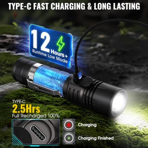 Image of Banral Rechargeable Small Powerful Flashlights, Pocket Mini LED Flash Light | Compact EDC, USB-C Rechargeable, 12H Runtime, 4 Modes Zoomable, Memory Function, Waterproof for Home, Camping, Emergency, Car