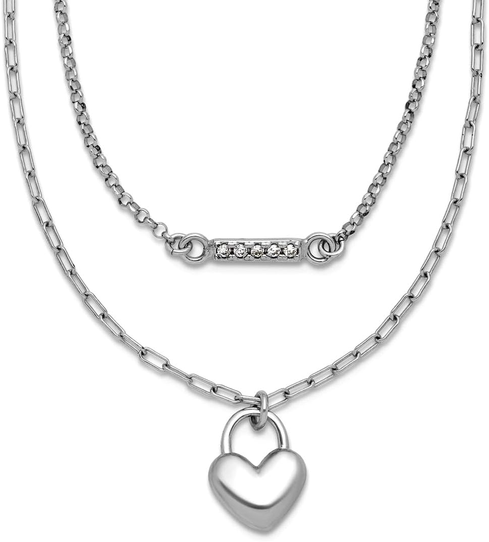 JewelryWeb 925 Sterling Silver Rhodium Plated CZ Puff Love Heart 16 With 2 Inch Extension 2-strand Necklace 16 Inch Strand Necklace for Women