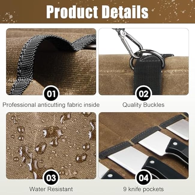 QEES Knife Roll,Chef Knife Bag,Knife Travel Case,Waxed Canvas Portable Knife Roll Bag with 10 Slots Plus 1 Zipper Pockets Can Hold Home Kitchen Knives Tools Up To 18.8¡±,Heavy Duty Knife Storage Bag