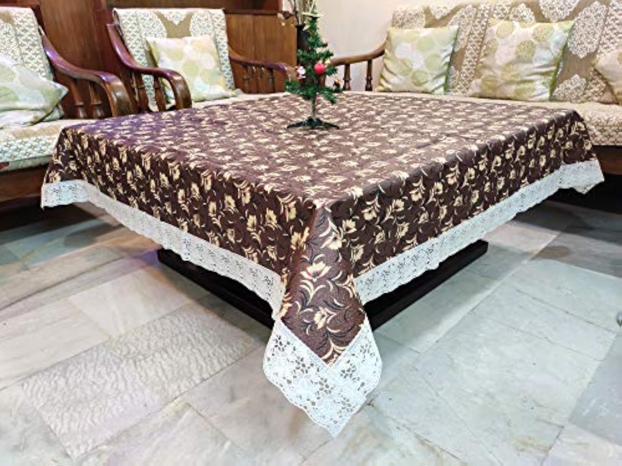 Brown Leaf Design PVC Printed Centre Table Cover
