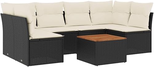Vista 2 de 7-Piece Modular Garden Sofa Set Black PE Rattan Large Outdoor Furniture with Acacia Wood Table and Weatherproof Cushions for Patio Seating