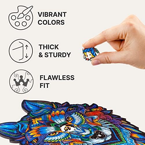 UNIDRAGON Original Wooden Jigsaw Puzzle - Majestic Wolf, 99 pcs, Small 6.7"9.5", Unique Animal Shaped Puzzle Box, Birthday Gift Idea for Kids, Adults, Girls, Boys, Family Game and Hobby