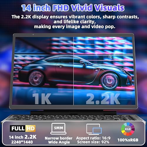 Image of 【Win 11 Pro /Office 2019】2-in-1 Convertible Laptop, 14 inch 2.2K Touchscreen, Detachable Magnetic Keyboard, 12th Gen Alder Lake-N95, 16GB DDR5 RAM, 512GB /1TB SSD, HD Camera, Cooling Fan, Type-C (512G SSD)