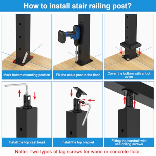 Image of 12FT-20FT Swageless Stair Cable Railing Post kit with Handrail,36 inch | Black Cable Railing System for Stair, Include 4 Pack 35 inch Stair Posts, 3 Pack 4.5FT Handrails w /Connectors, 250FT Wire Rope