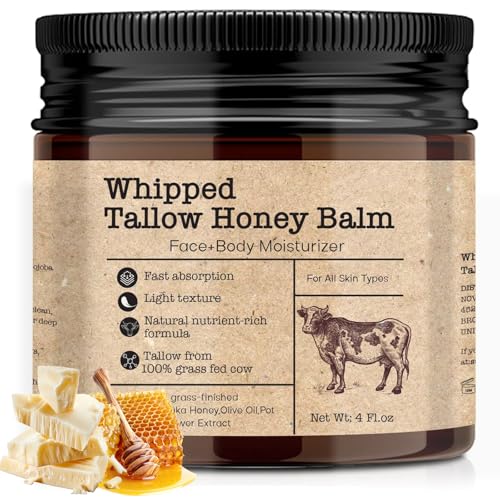Crema para el cuidado de la piel de Beef Tallow, 100% Hierba Forrada con Sebo de Vaca Orgánica, Miel Natural y Cera de Abejas Crema Hidratante para Cara y Cuerpo, Hidratación Profunda Whipped Tallow