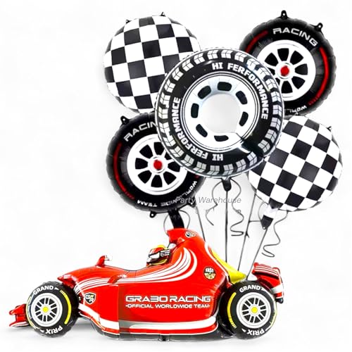 Image of Party Warehouse Racing Car Balloon Set for Boys Birthday-6Pcs |Race Theme Foil Balloons for Race Lovers|Red Car, Tyre & Checkered Flag Balloons for Kids /Adults Party Decorations