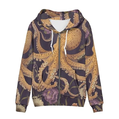 Sweat à capuche femme à motif animal floral imprimé original avec fermeture éclair