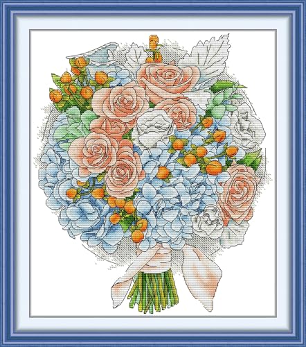 Image of CaptainCrafts Cross Stitch Kits for Adults Counted Cross Stitch Unprinted Fabrics Needlework Craft Home Decor (Counted 14CT, Orange Rose Bouquet)