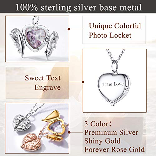 Silvercute Heart Locket Necklace That Holds Pictures Women Girls 925 Sterling Silver Cute Angel Wing Pendant With Picture Personalized Inside 18" #TOP3