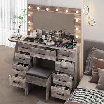 Glass Top Vanity Desk with Mirror and Lights, Makeup Vanity with Lights, Charging Station and 12 LED Lights, Large Vanity Table with 9 Drawers