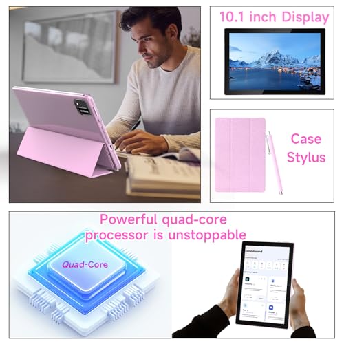 Image of NOVOJOY Tablet 10 Inch Android Tablets with Case and Stylus Android 15 Tablet with Cover 2MP+8MP Dual Camera 6000mAh Battery 12GB RAM(4GB+8GB Expansion) 64GB ROM 5Gwifi-6 10.1 inch Tablets (Pink)