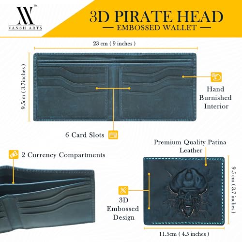 Wallet For Men- 3D Embossed Pirates Captian Skull Themed Design Bifold Vintage Distressed Genuine Leather Wallet With Two Cash Pockets And Six Card Slots (Blue)2