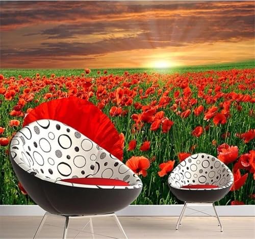 XLMING Coucher De Soleil Élégant Fleurs Rouges En Trois Dimensions 3D Papier Peint Luxe Décoration Manger Adulte Intérieure Salon Canapé Chambre Fond TV...
