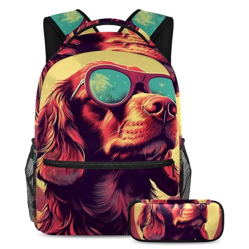 Sac à dos avec trousse motif chien cool Large pour garçon et fille