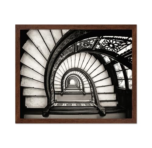 Monem Art Staircase At The Rookery Poster - Circular Staircase Print - Photography Style - Black & White Design - Architecture Art - Living Room or Office Decor - 8x10 Brown Framed