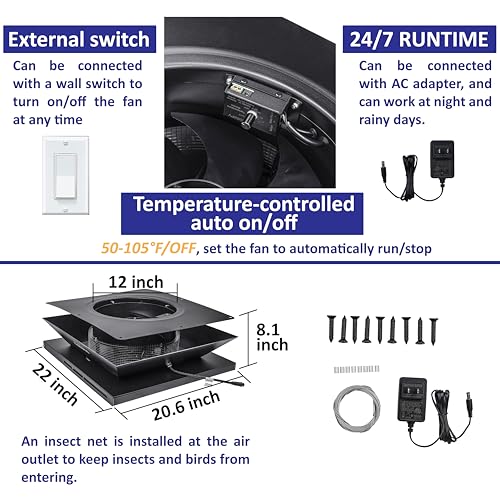 Smart Hybrid Solar Attic Exhaust Fan Pro–USA Engineered with German Tech, 2850 CFM 50W Solar Panel, 40-104℉ Thermostat, Cool & Dehumidify up to 4000 ft². Weatherproof Roof Vent for Home Shed