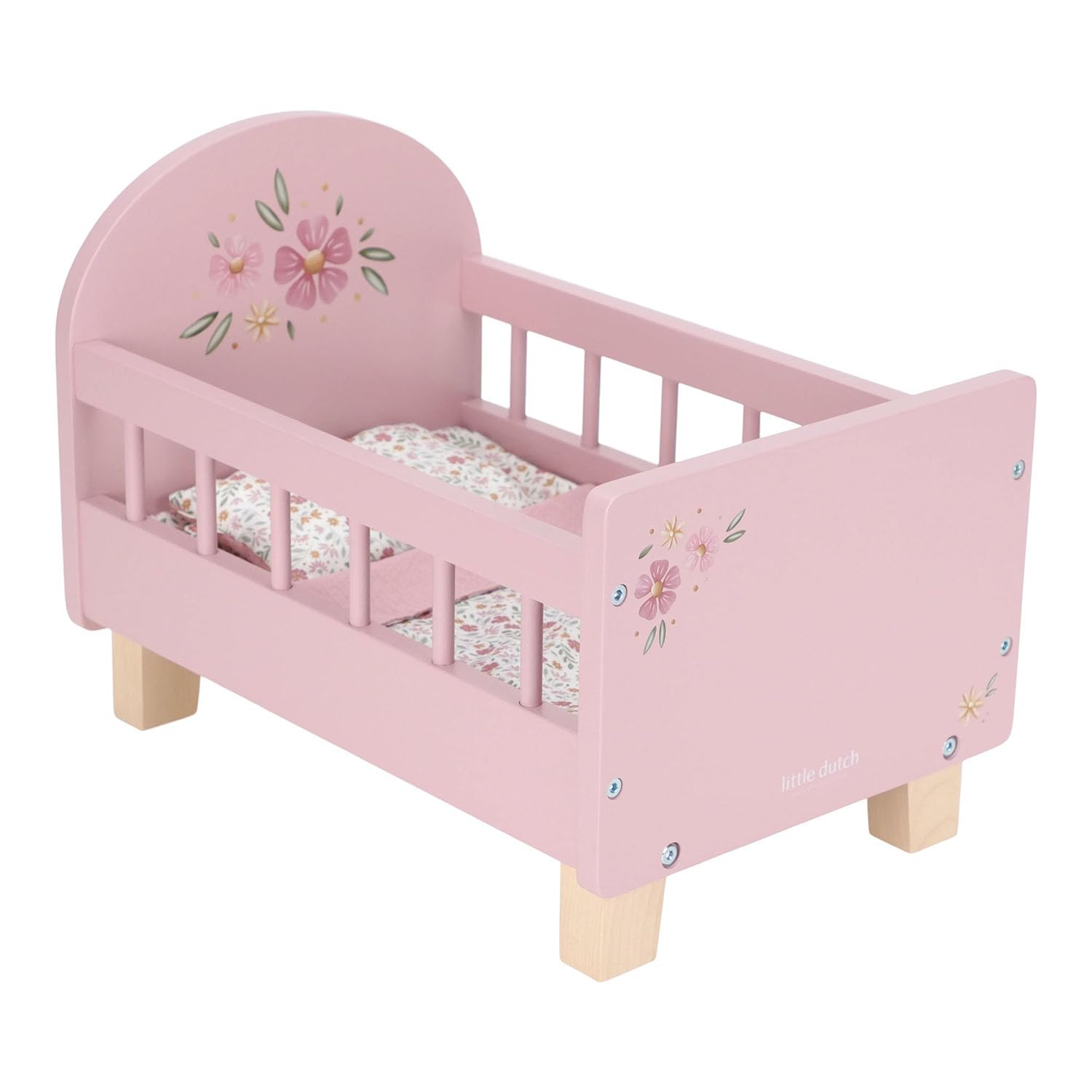 Little Dutch Cama para muñecas Cama para muñecas bebé Muñecas Madera rosa con flor - rosa
