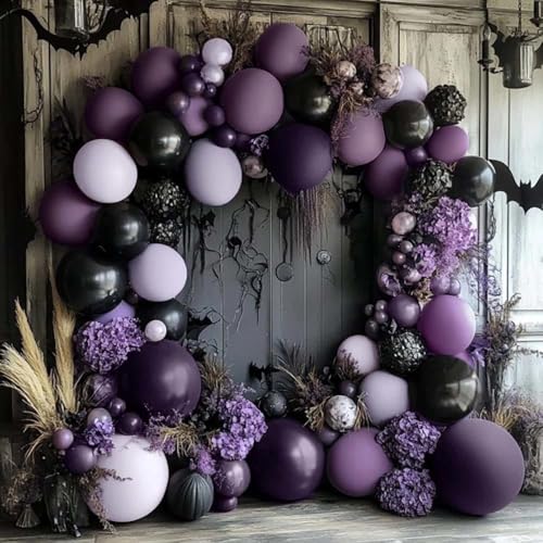 Image of Black Purple Balloon Arch Kit Double Stuffed Dark Purple Black Balloon Garland for Halloween Ghost Witch Birthday Baby Shower Anniversary Party Decorations