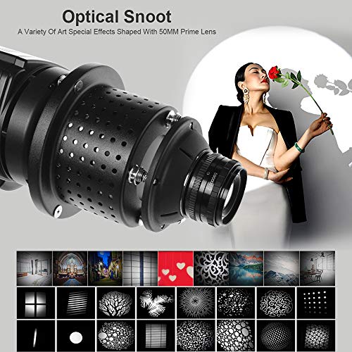 Fotoconic Bowens Mount Optical Snoot for Studio Light Flash Strobe LED Light, Art Styling Effects Photography Snoot with 50mm Lens, 16 Stainless Steel Modeling Pieces and 9 Graphic Cards - Thumbnail 4