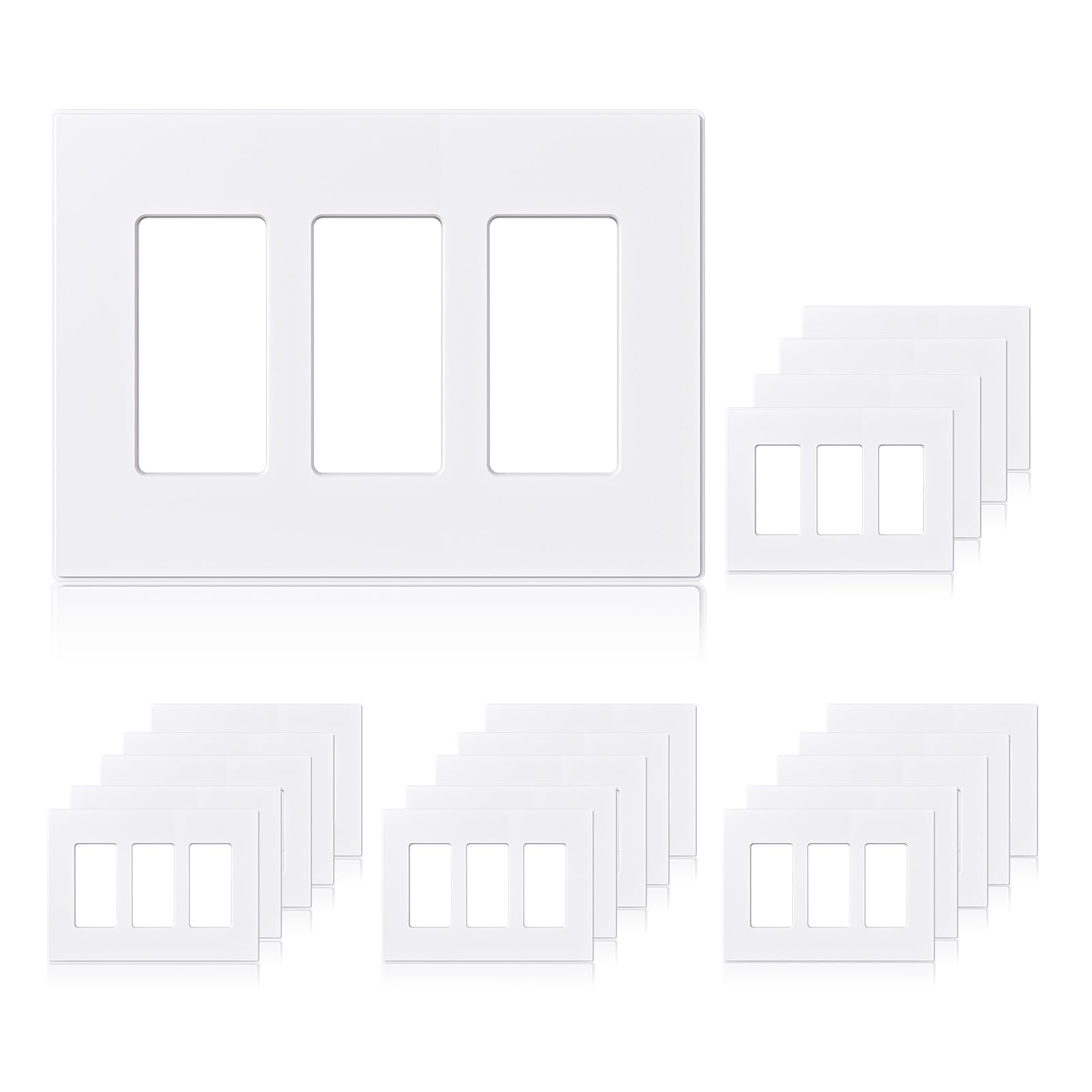ELEGRP3-Gang Screwless Decorative Wall Plates, Light Switch Cover, Mid-Size Unbreakable Thermoplastic Faceplate for Decorator Receptacle Outlet, UL Listed (20 Pack, Matte White)