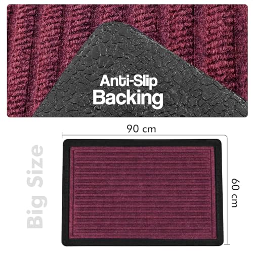 Image of Yellow Weaves Large Size (60x90 cm) Door Mat for Home Entrance, Outdoor Rubber Mat - Non-Slip, Anti Skid Foot Mat, Dirt Trapper, Heavy-Duty, Waterproof Doormat (Stripe Design, Wine Color)