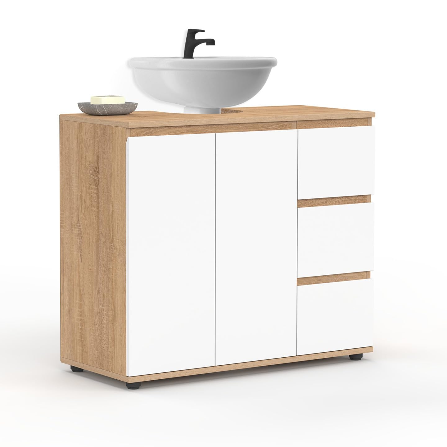 IDMarket - Meuble sous lavabo Salle de Bain TOMI avec Placard et 3 tiroirs façon hêtre et Blanc