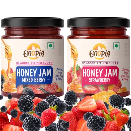 Eatopia Sugar Free Mixed Berry & Strawberry Honey Jam | 100% Pure & Natural | Healthy Jam for Kids & Adults | No Added Flavours & Preservatives | 70% Real Fruits & Wild Honey | Pack of 2 | 480g