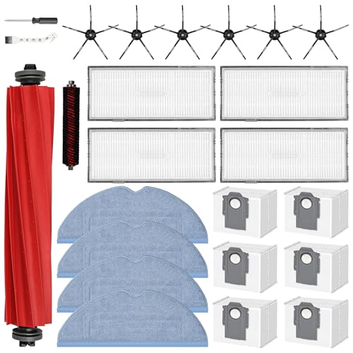 24 Pack Replacement Accessories for Roborock S7 MaxV Ultra / S7 Pro Ultra Robot Vacuum Cleaner, 1 Main Brush, 1 Self-Cleaning Brush, 4 HEPA Filters, 4 Mop Pads, 6 Side Brushes, 6 Dust Bags, 2 Tools