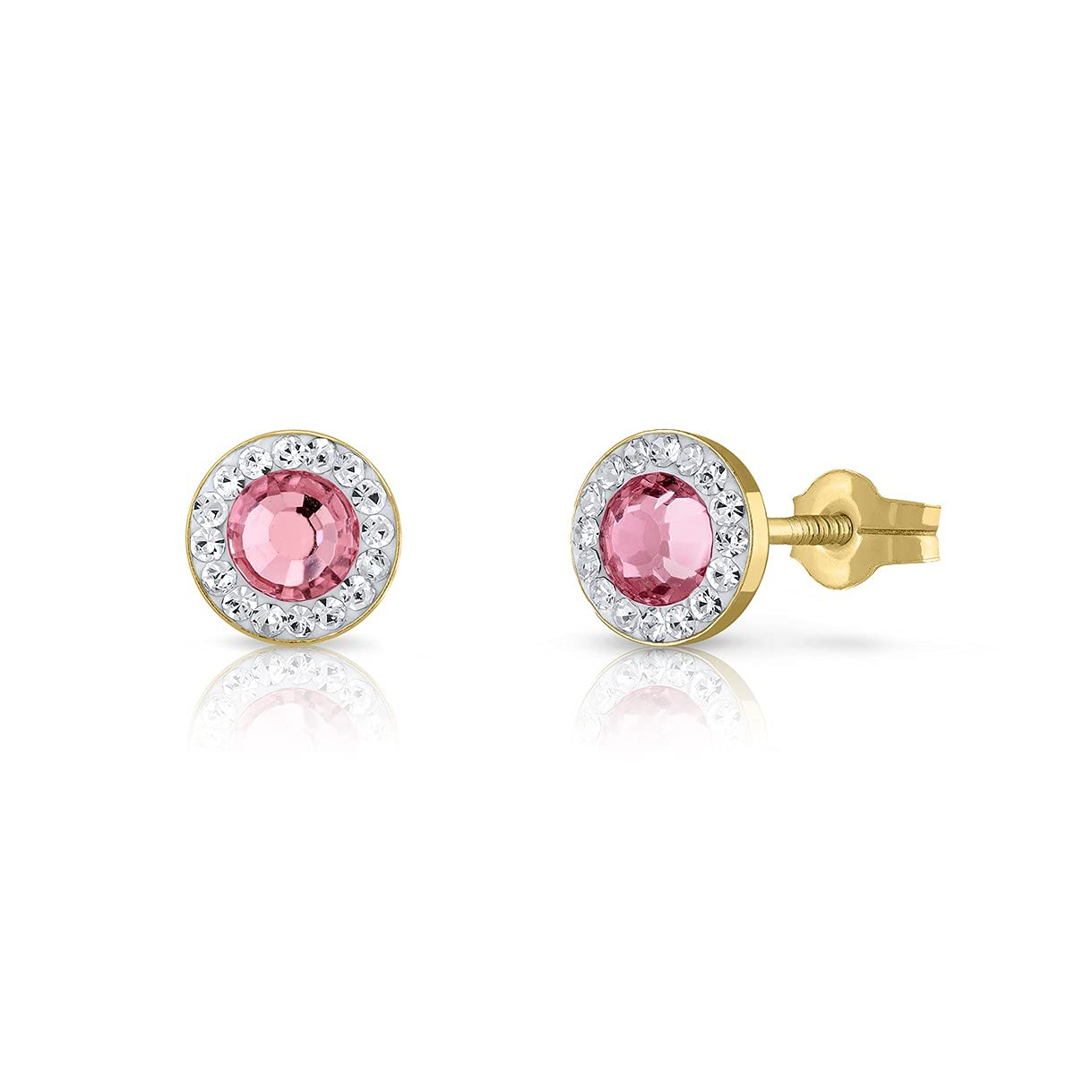 Pendientes Oro de Ley 18k, Certificado. Redondo 6mm, con piedras y centro en color rosa. Medida 6 mm.(1-2841-6) rosa