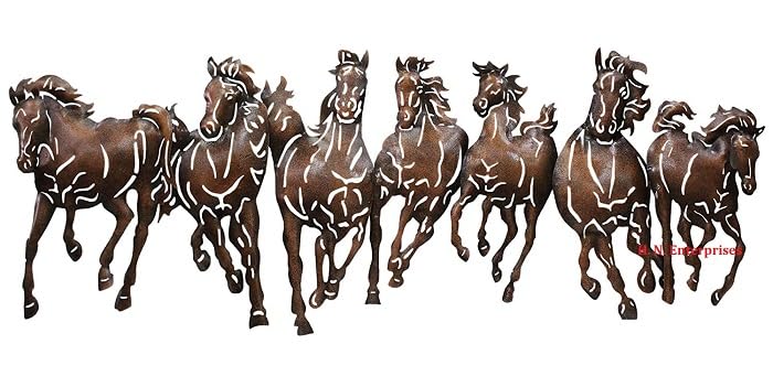 H. N. Enterprises - Indian Handmade metal wall decor Antique metal wall art metal wall hanging Lucky 7 Running Horses Sculpture Home Office Artwork for Good Luck with Led Light 42"