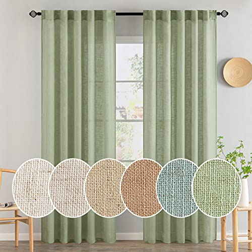 MIULEE Sage Green Linen Curtains 84 Inch Length for Bedroom Living Room, Soft Thick Linen Textured Window Drapes Semi Sheer Light Filtering Back Tab Rod Pocket Burlap Look, 2 Panels, 37x84 Inches