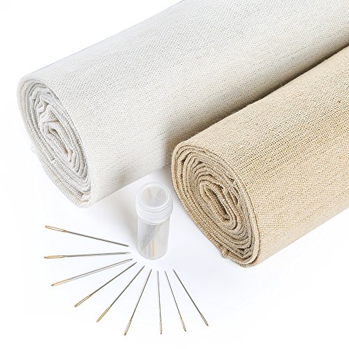 Caydo 2 Pieces 2 Colors Natural Linen Fabric and 30 Pieces Needle for Garment Craft, 13 by 63 Inch Needlework Fabric Cloth