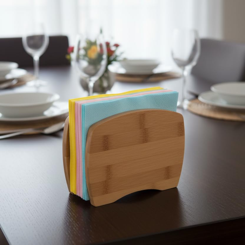 Deconox Bambu Peçetelik – Doğal Ahşap Modern Peçete Tutucu | Masaüstü Dik Servis Peçeteliği | Çevre Dostu Mutfak ve Yemek Odası Aksesuarı (15x12x5.3 cm)