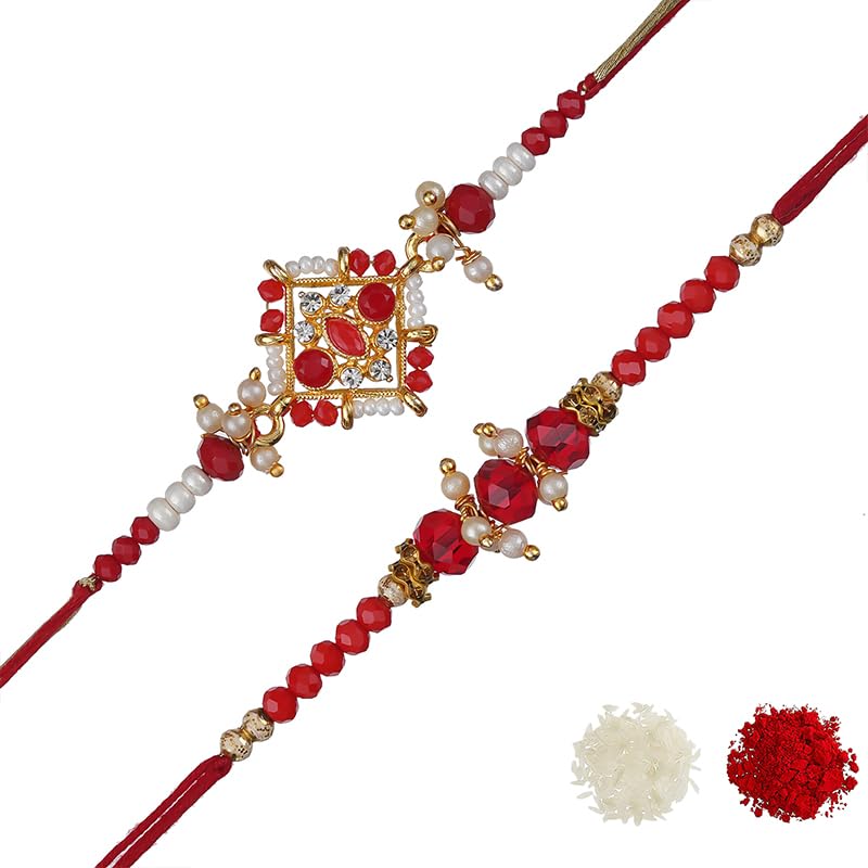 Image of eCraftIndia Set of 2 Peach, Green & Golden Pearls, Designer Rakhis | Roli Chawal Pack