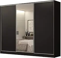Guarda Roupa Casal 100% MDF Madesa Royale 3 Portas de Correr com Espelho - Preto