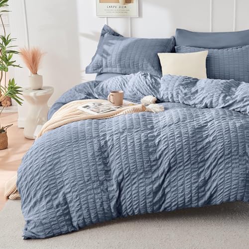 Image of HYMOKEGE Nordic Blue King Size Comforter Set Seersucker 7 Pieces, All Season Luxury Bed in a Bag for Bedroom, Bedding Set with Comforter, Sheets, Pillowcases & Shams