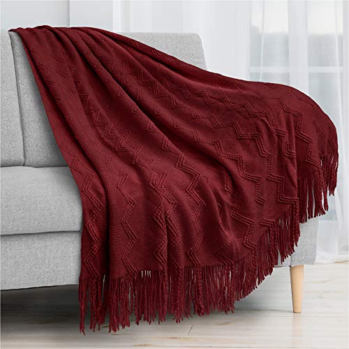 Pavilia Knitted Throw Blanket Fringe Dark Red Wine Burgundy | Decorative Tassel Boho Farmhouse Decor Couch Bed Sofa Fall Outdoor | Woven Textured Afghan Soft Lightweight Cozy Warm Acrylic 50X60 #TOP1