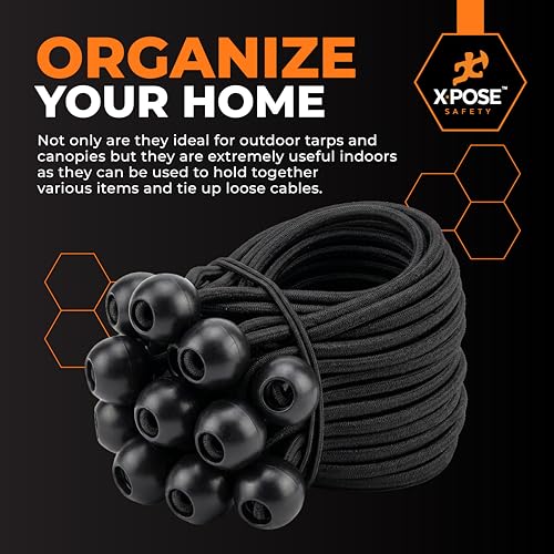 Image of Xpose Safety Bungee Ball Cords 6 inch 25 Pack Heavy Duty Black Stretch Rope with Ball Ties for Canopies, Tarps, Walls, Cable Organization