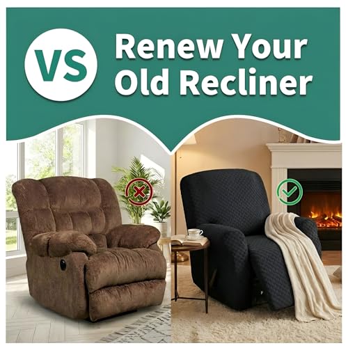 Image of YEMYHOM 4 Pieces Stretch Recliner Slipcover Jacquard Recliner Chair Cover with Side Pocket Anti-Slip Fitted Recliner Cover Couch Furniture Protector with Elastic Bottom (Recliner, Black)