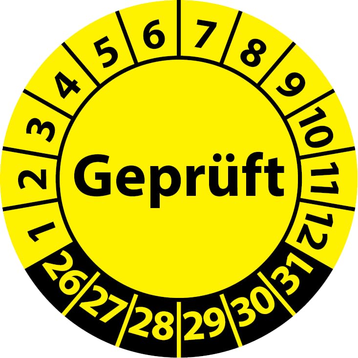 Prüfplakette Geprüft, Vinylfolie, selbstklebend, Prüfaufkleber, Prüfetikett, Plakette (20 mm Ø, Gelb, 500)