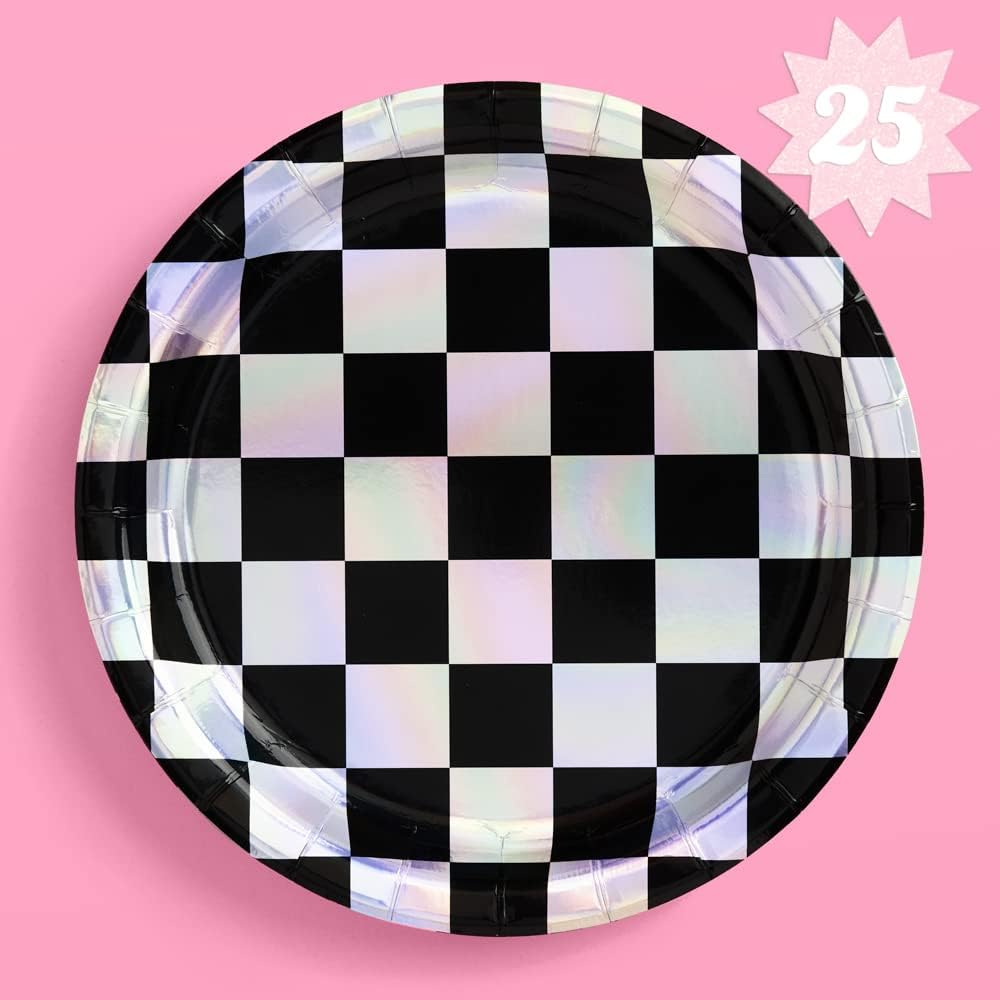 xo, Fetti Black and Iridescent Checker Paper Plates 25 pack Happy