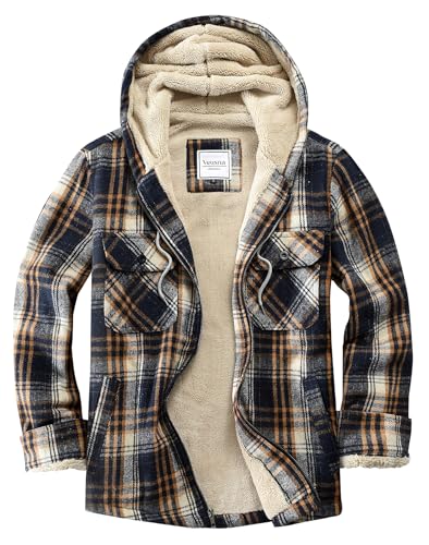 Veusna Men's Zip Up Flannel Shirt Jacket Fleece Lined Long Sleeve Plaid Coat Heavyweight Hoodie with Hood Blue Large