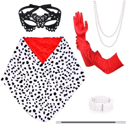 Matiniy 6 PCS Halloween Dalmatian Shawl Set include Large Plush Shawl Red Gloves Lace Eye Mask Necklace Bracelet and Fake Stick for Women Cosplay Party Supplies