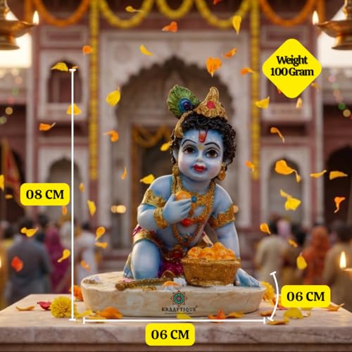 Image of Baby Krishna Idol for Home Temple & Pooja Room | Laddu Gopal Murti, Bal Gopal Makhan Chor Statue, Marble Dust Krishna Showpiece for Mandir Decor, Janmashtami Gift, Car Dashboard Decoration (4 Inch)