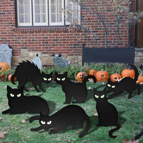 6 Pack Halloween Black Cat Yard Signs with Glowing Eye Stickers Large Scary Cat Silhouette Decorations for Outdoor Lawn Fence Garden Haunted House Halloween Party Decor