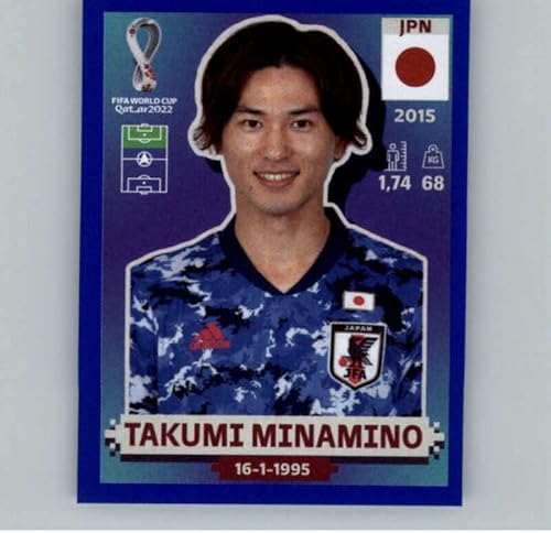 Calcomanías de Panini World Cup Qatar 2022, color azul, #JPN18, Takumi Minamino, Japón, Grupo E, calcomanía oficial del álbum (2 pulgadas x 2.5